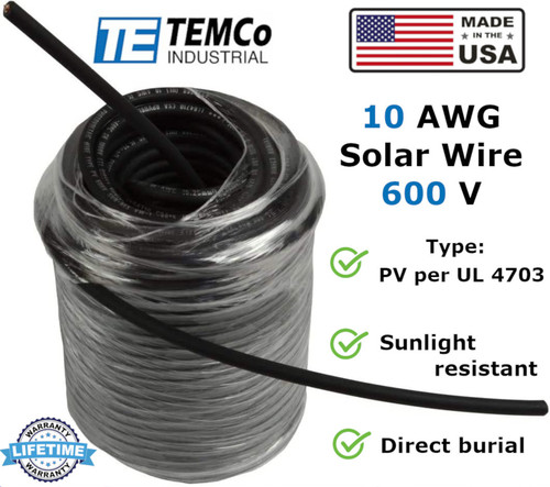 10 AWG Solar Panel Wire SW0005 - 250 ft - UL 4703 Power Cable Black - Made in USA