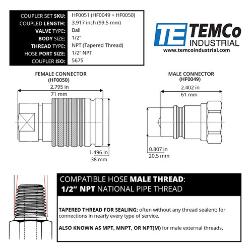 (HF0049 + HF0050) 1/2" Female NPT Thread 1/2" Body Hydraulic Coupler ISO 5675 Ball Valve Quick Connect