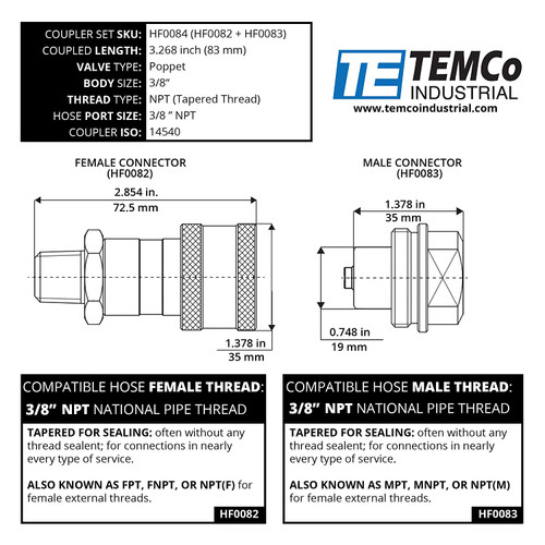 3/8" Male NPT Thread 3/8" Body Male Hydraulic Coupler ISO 14540 Poppet Valve Quick Connect Also