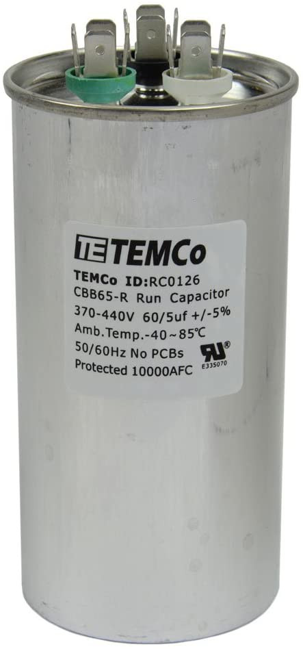 TEMCo 60+5 uF Dual Run Capacitor CBB65, 60/5 MFD, 370-440V, Round