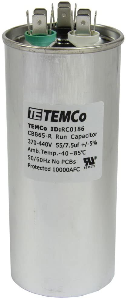 AC Electric Motor Dual Run Capacitor RC0186 - 55/7.5 Uf (mfd) 440 VAC Round HVAC