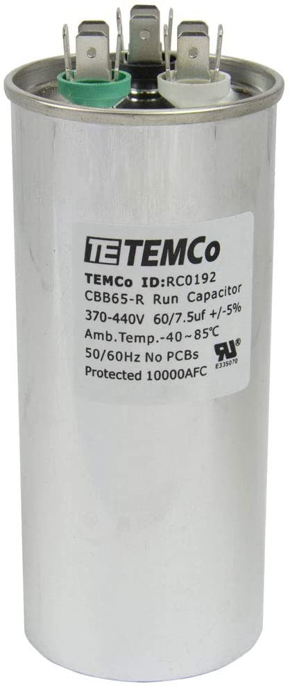AC Electric Motor Dual Run Capacitor RC0192 - 60/7.5 Uf (mfd) 440 VAC Round HVAC