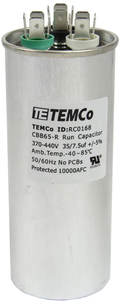 TEMCo 35+7.5 uF Dual Run Capacitor CBB65, 35/7.5 MFD, 370