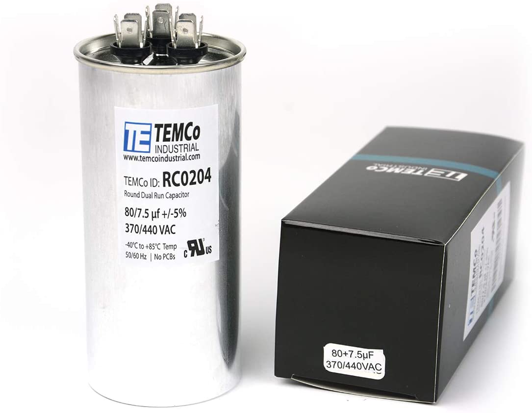 TEMCo 80+7.5 uF Dual Run Capacitor CBB65, 80/7.5 MFD, 370-440V