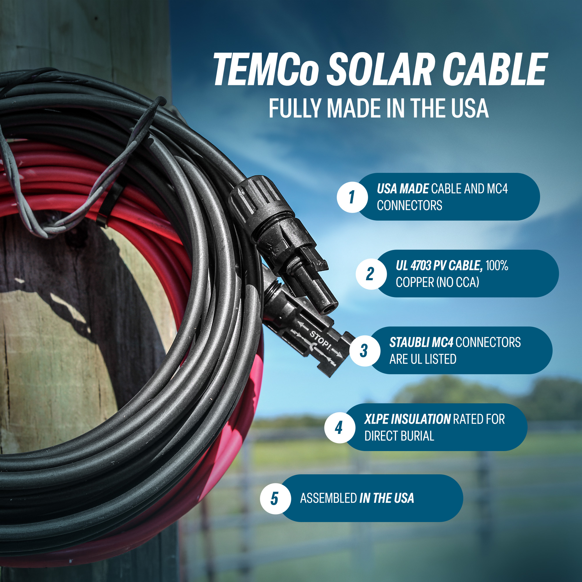 10 AWG Solar Wire Extension 50 Ft Black + 50 Ft Red with Staubli