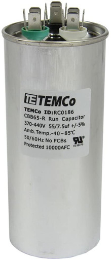 TEMCo 55+7.5 uF Dual Run Capacitor CBB65, 55/7.5 MFD, 370-440V