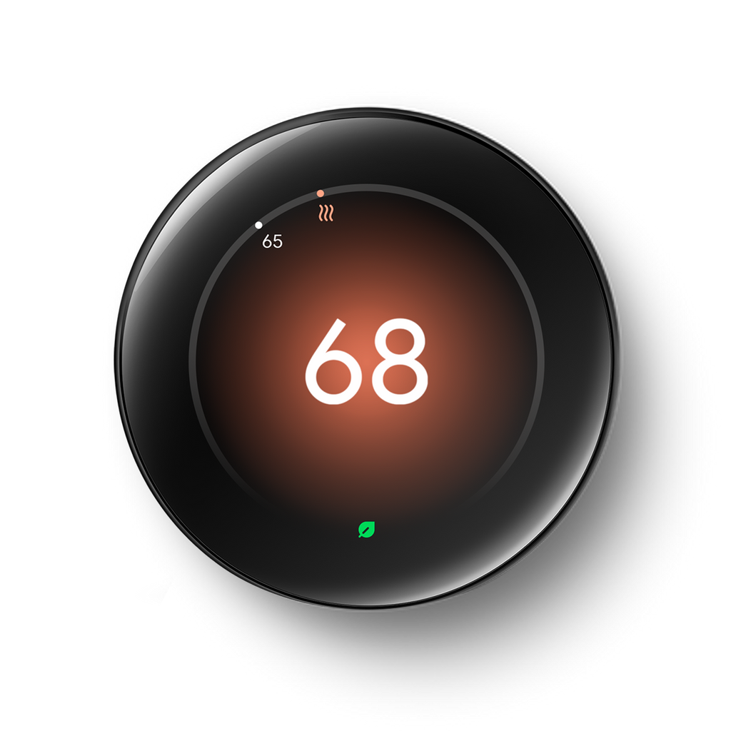 Nest Learning Thermostat Polished Obsidian front view set to 68 heating