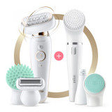 Epilator, Silk-épil 9 Flex, Beauty Set, White/Gold with 8 extras including body massage pad attachment and FaceSpa device, wet and dry usage, SES 9300 3D