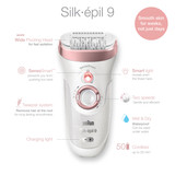 Epilator, Silk·épil 9, Rose Gold with 7 extras including shaver head, trimmer cap, and facial cleansing brush, SES 9-880