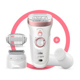 Epilator, Silk·épil 9, Rose Gold with 7 extras including shaver head, trimmer cap, and facial cleansing brush, SES 9-880