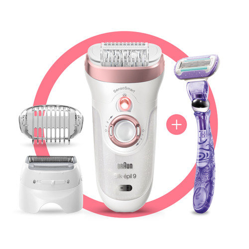 Epilator, Silk·épil 9, Rose Gold with 7 extras including shaver head, trimmer cap, and Gillette Venus Swirl razor, SES 9-870