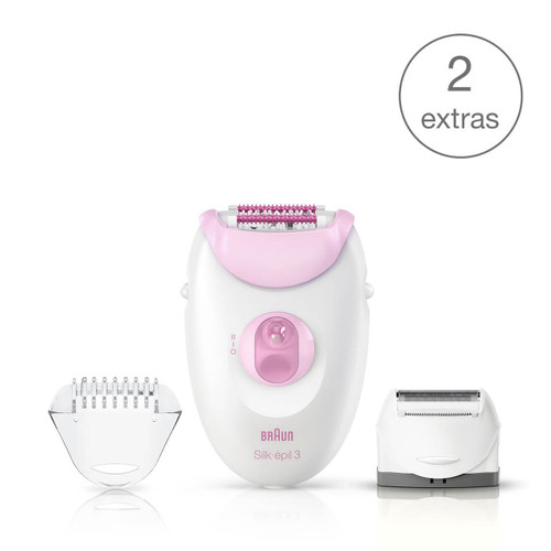 Epilator, Silk·épil 3, Pink with 2 extras including shaver head and trimmer cap, SE 3-270