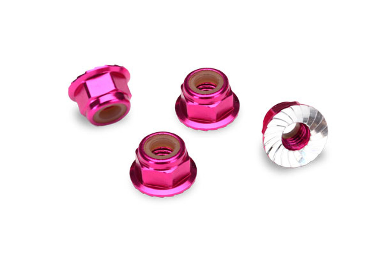 TRAXXAS Nuts, aluminum, flanged, serrated (4mm) (pink-anodized) (4)