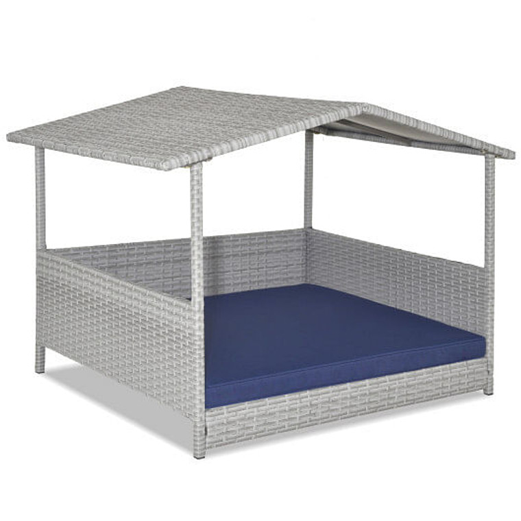 Wicker Dog House with Waterproof Roof and Washable Cushion Cover-Navy - Color: Navy D681-HW71320NY