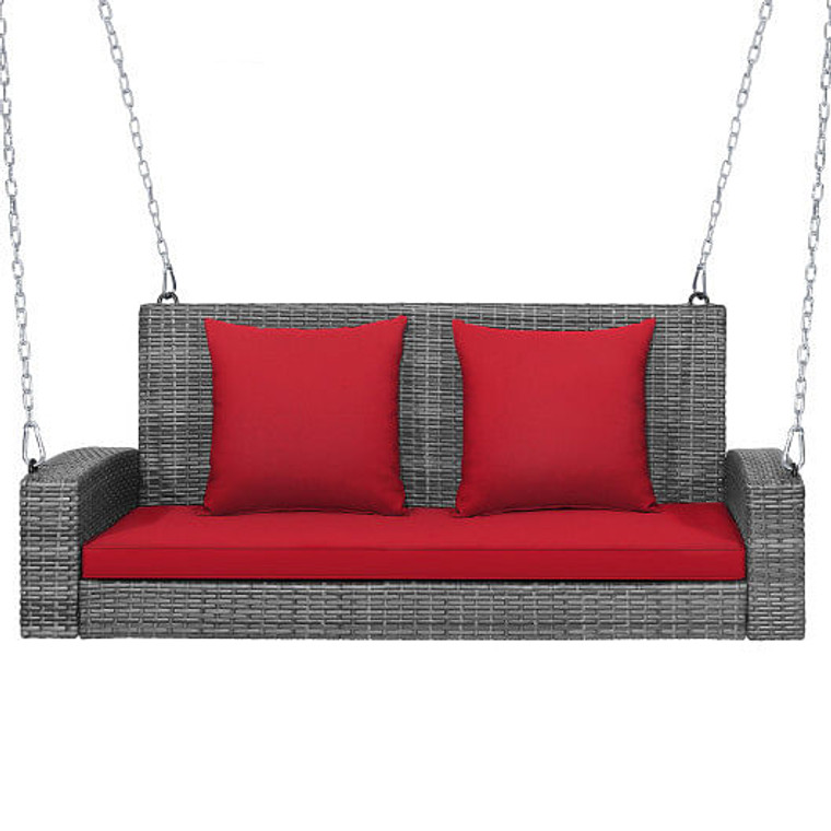 2-Person Patio PE Wicker Hanging Porch Swing Bench Chair Cushion 800 Pounds-Red - Color: Red D681-HW69619RE