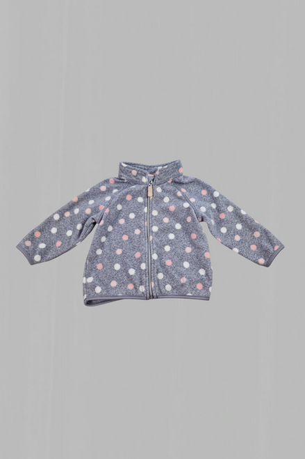 Baby Girls’ Cosy Zip-Up Fleece – Grey/Blue Speckled with Pink & White Ball Pattern – 3/6 Months – Preloved & Snuggle-Ready!