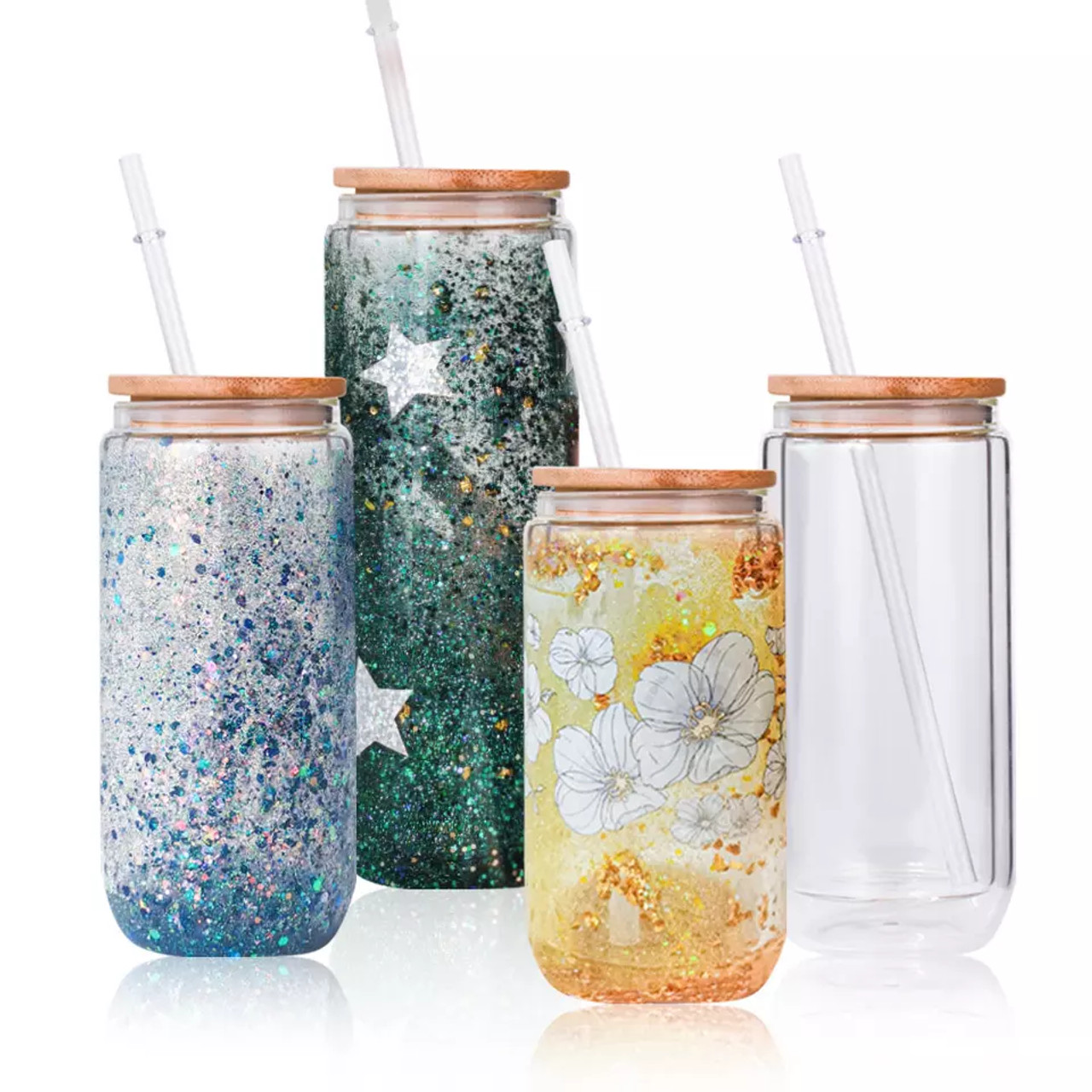 12oz 15oz 20oz Double Walled Snow Globe Glitter Glass Tumbler with Handle  and Clear Plastic Straw BPA Free - China Snow Globe Glass Can with Handle  and Double Wall Glass Tumbler with