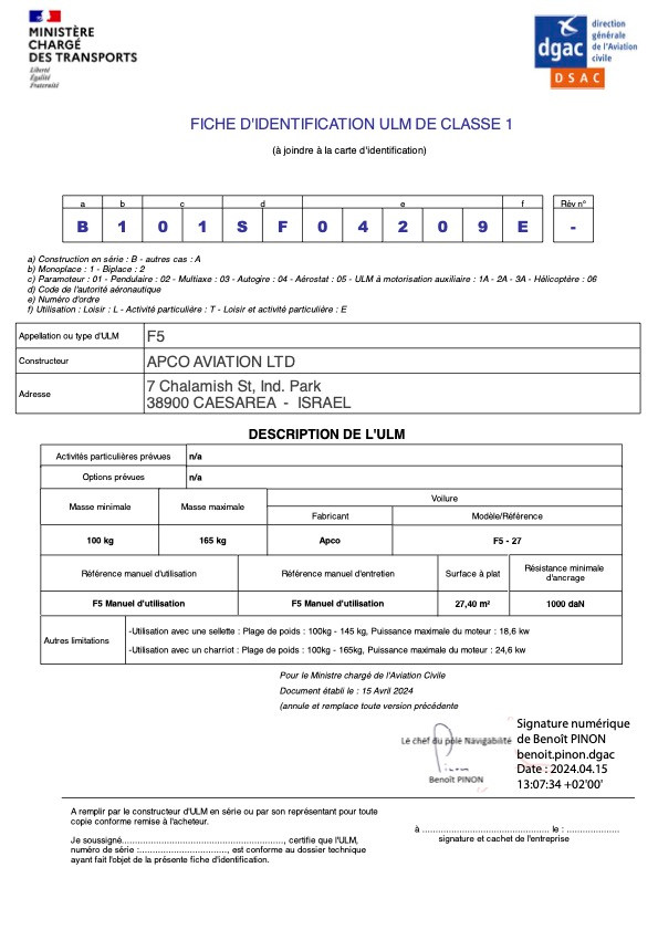 DGAC-Zertifikat Apco F5 Größe 27 für intermediate Piloten
