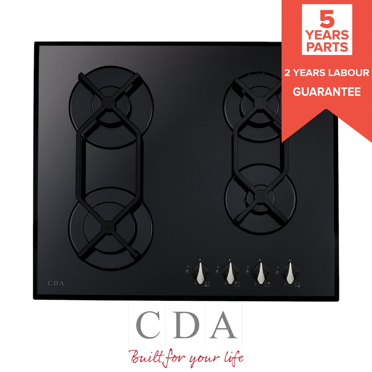 CDA HVG621BL 60cm Black Designer 4 Burner Gas on Glass Hob With FFD
