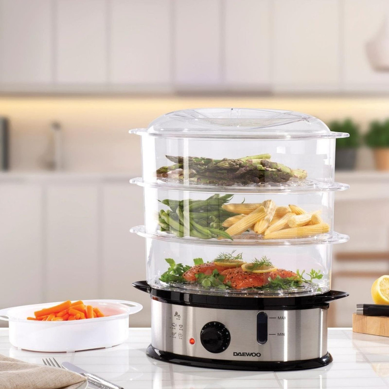 3 Tier Food Steamer In Silver, 9L, 1200W - Daewoo SDA1338