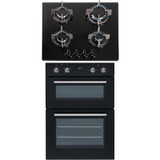 SIA 60cm Black Built In Double Electric Fan Oven &4 Burner Gas On Glass Hob SIA 60cm Black Built In Double Electric Fan Oven &4 Burner Gas On Glass Hob