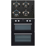 SIA 60cm Black Built Under Double Electric Fan Oven & 4 Burner Gas On Glass Hob SIA 60cm Black Built Under Double Electric Fan Oven & 4 Burner Gas On Glass Hob