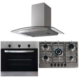 SIA Stainless Steel 60cm Single Electric Oven, 70cm Gas Hob & Curved Glass Hood