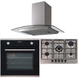 SIA 60cm Black Touch Control Oven, 70cm 5 Burner Gas Hob &Curved Glass Hood Fan