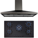 SIA 90cm Black 5 Burner Gas On Glass Hob And Chimney Cooker Hood Extractor Fan