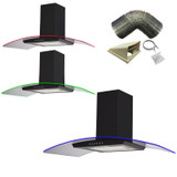 SIA 90cm Black 3 Colour LED Edge Lit Curved Glass Cooker Hood And 1m Ducting Kit