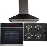 Black Touch Control Pyrolytic Single Fan Oven, 4 Burner Gas Hob & Chimney Hood