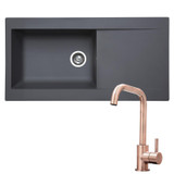 SIA 1.0 Bowl Grey Composite Reversible Inset Kitchen Sink & KT6CUD Copper Tap