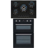 SIA Double Built In Electric Oven & 4 Burner Gas Glass Hob With Enamel Supports