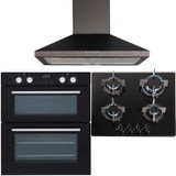 SIA 60cm Black Double True Fan Electric Oven, 4 Burner Gas Hob & Cooker Hood Fan SIA 60cm Black Double True Fan Electric Oven, 4 Burner Gas Hob & Cooker Hood Fan