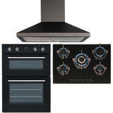 SIA Double Built In Electric Fan Oven, 5 Burner Gas On Glass Hob & Chimney Hood