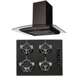 SIA 60cm Black 4 Burner Gas On Glass Hob And Curved Glass Cooker Hood Extractor SIA 60cm Black 4 Burner Gas On Glass Hob And Curved Glass Cooker Hood Extractor