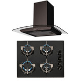 SIA 60cm Black 4 Burner Gas On Glass Hob And Curved Glass Cooker Hood Extractor