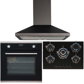 SIA Black Touch Control Single Oven, 5 Burner Gas Hob And Chimney Extractor Fan