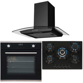 SIA Black Electric Fan Single Oven, 70cm 5 Burner Gas Hob And Curved Cooker Hood