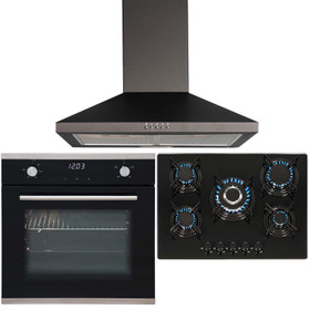 SIA Black Touch Control Single Oven, 5 Burner Gas Hob & Chimney Cooker Hood Fan