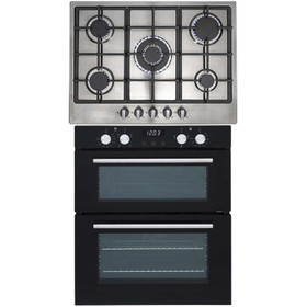 SIA 60cm Black Built Under Double Oven And 70cm Stainless Steel 5 Burner Gas Hob