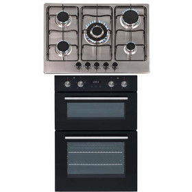 SIA 60cm Black Built In Double Oven And 70cm 5 Burner Stainless Steel Gas Hob