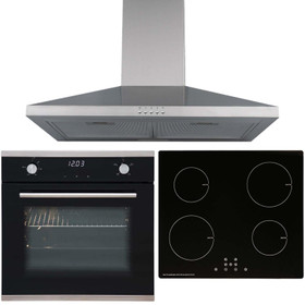 SIA 60cm Black Touch Control Oven, Induction Hob & Stainless Steel Cooker Hood