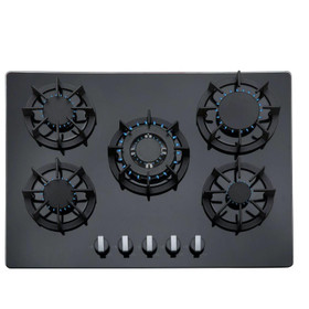 SIA R8 70cm Black 5 Burner Gas On Glass Hob With Cast Iron Pan Stands