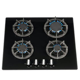 SIA R7 60cm Black 4 Burner Gas On Glass Kitchen Hob With Cast Iron Pan Stands