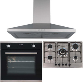 SIA 60cm Black Electric Single True Fan Oven, 70cm Gas Hob &Chimney Cooker Hood