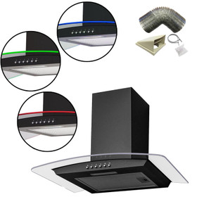 SIA 60cm Black 3 Colour Edge Curved Glass Cooker Hood Extractor Fan & 3m Ducting