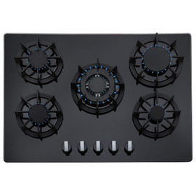 SIA 70cm 5 Burner Black Glass Gas Hob With Cast Iron Pan Stands And Wok Burner