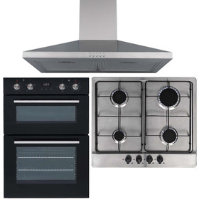 SIA 60cm Double Built In Fan Oven, 4 Burner Stainless Steel Gas Hob & Extractor