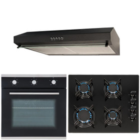 SIA 60cm Black Electric Single Fan Oven, 4 Burner Gas Hob & Visor Cooker Hood